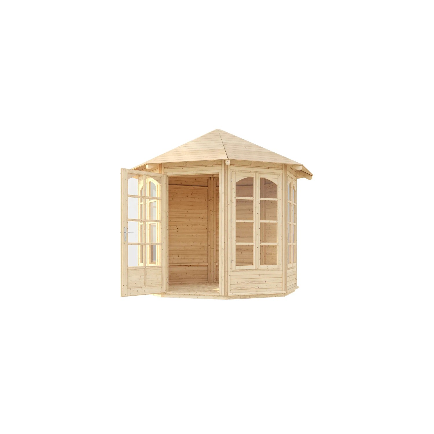 Weka 8-Eck Pavillon 234 A Natur aus Holz mit Sprossenfenstern und geöffneter Tür.