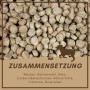 Supravit Hundetrockenfutter mit Huhn und Mais. Nahaufnahme brauner Kroketten, Zutatenliste für ausgewogene Ernährung.