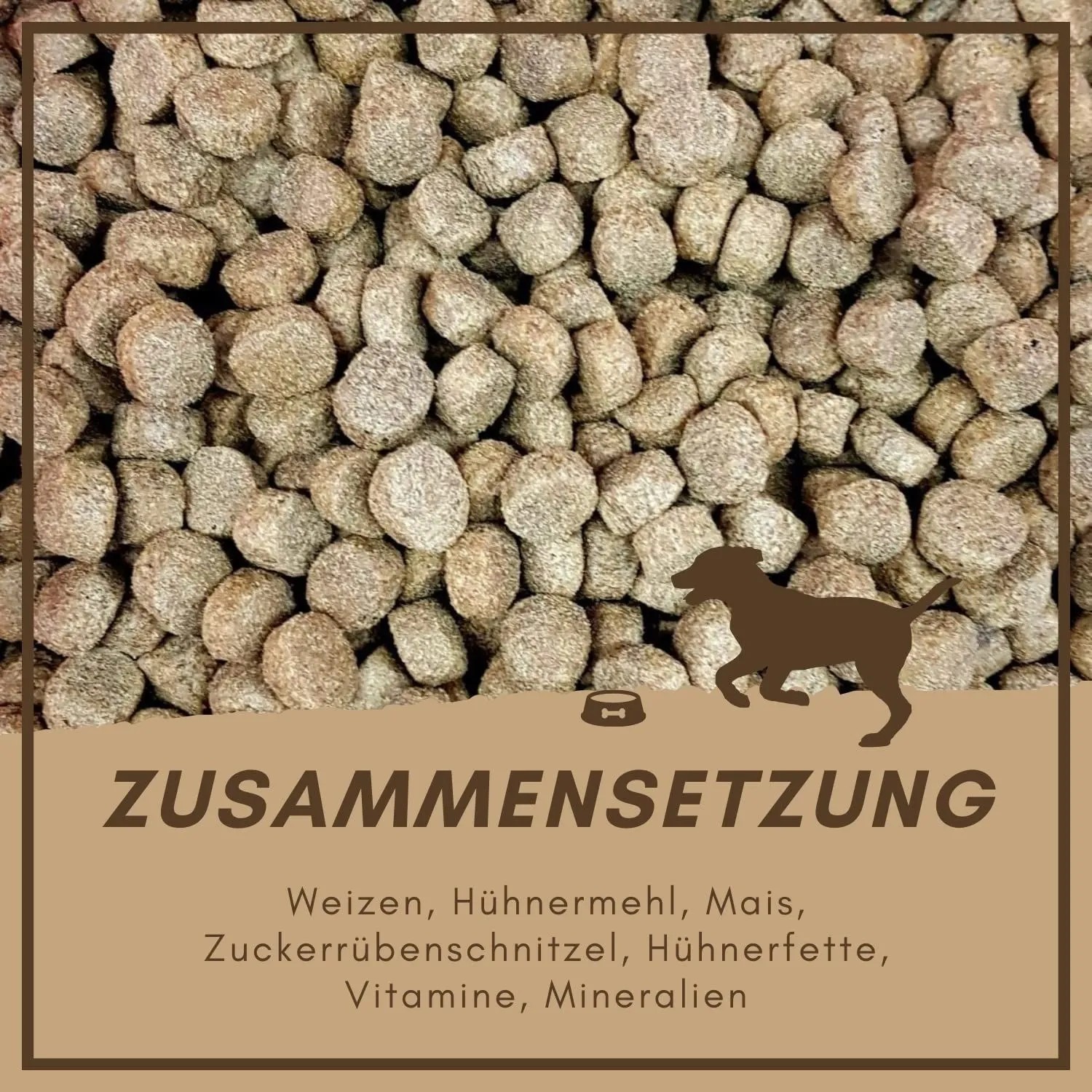 Supravit Hundetrockenfutter mit Huhn und Mais. Nahaufnahme brauner Kroketten, Zutatenliste für ausgewogene Ernährung.