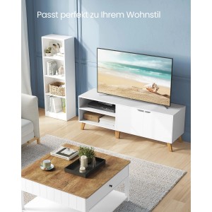 Weißer Vasagle TV-Schrank (140 cm) mit offenen Regalen und Stauraum im Wohnzimmer.