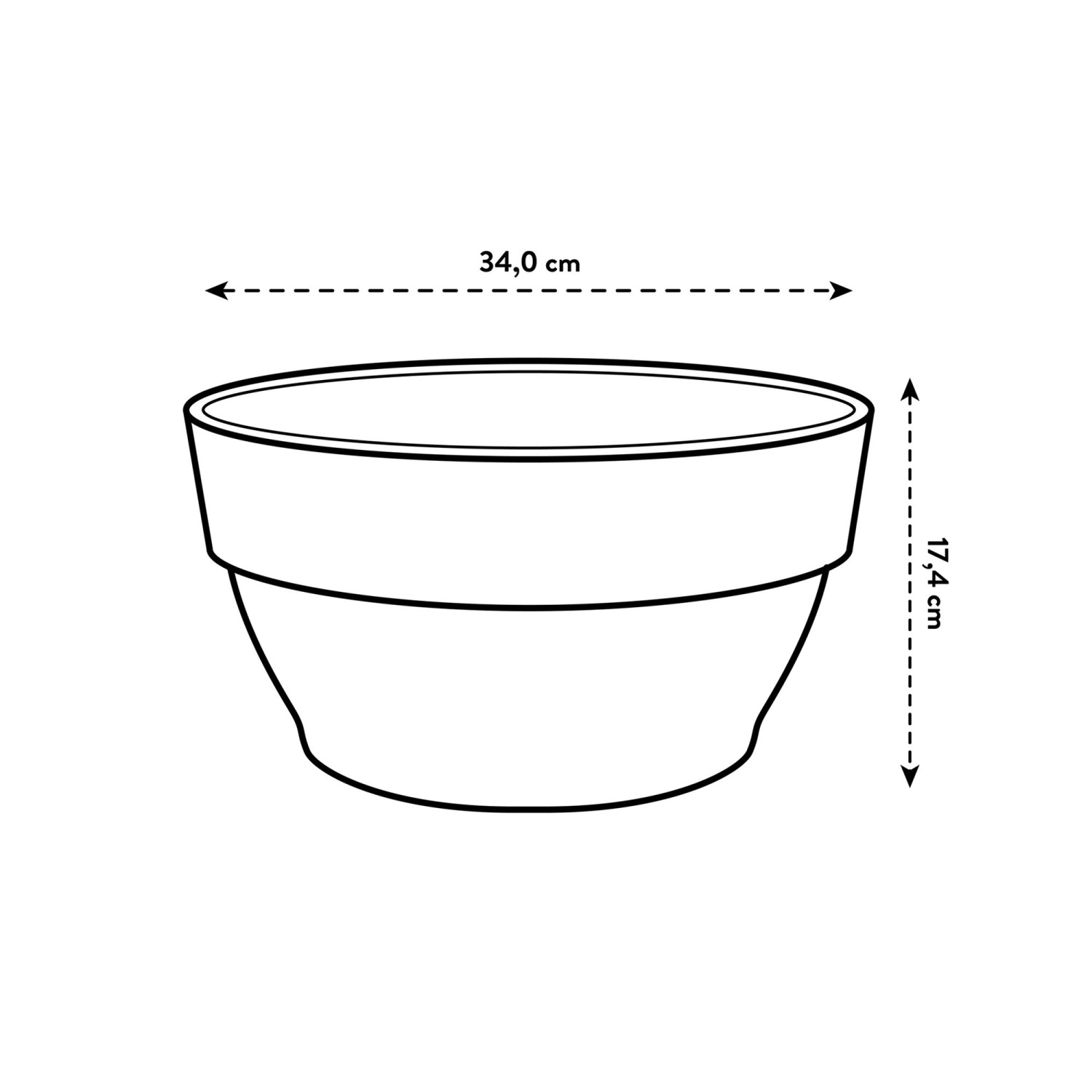 Skizze: Anthrazitfarbene Elho Blumentopfschale Vibia Campana, Ø 34 cm, Höhe 17 cm.