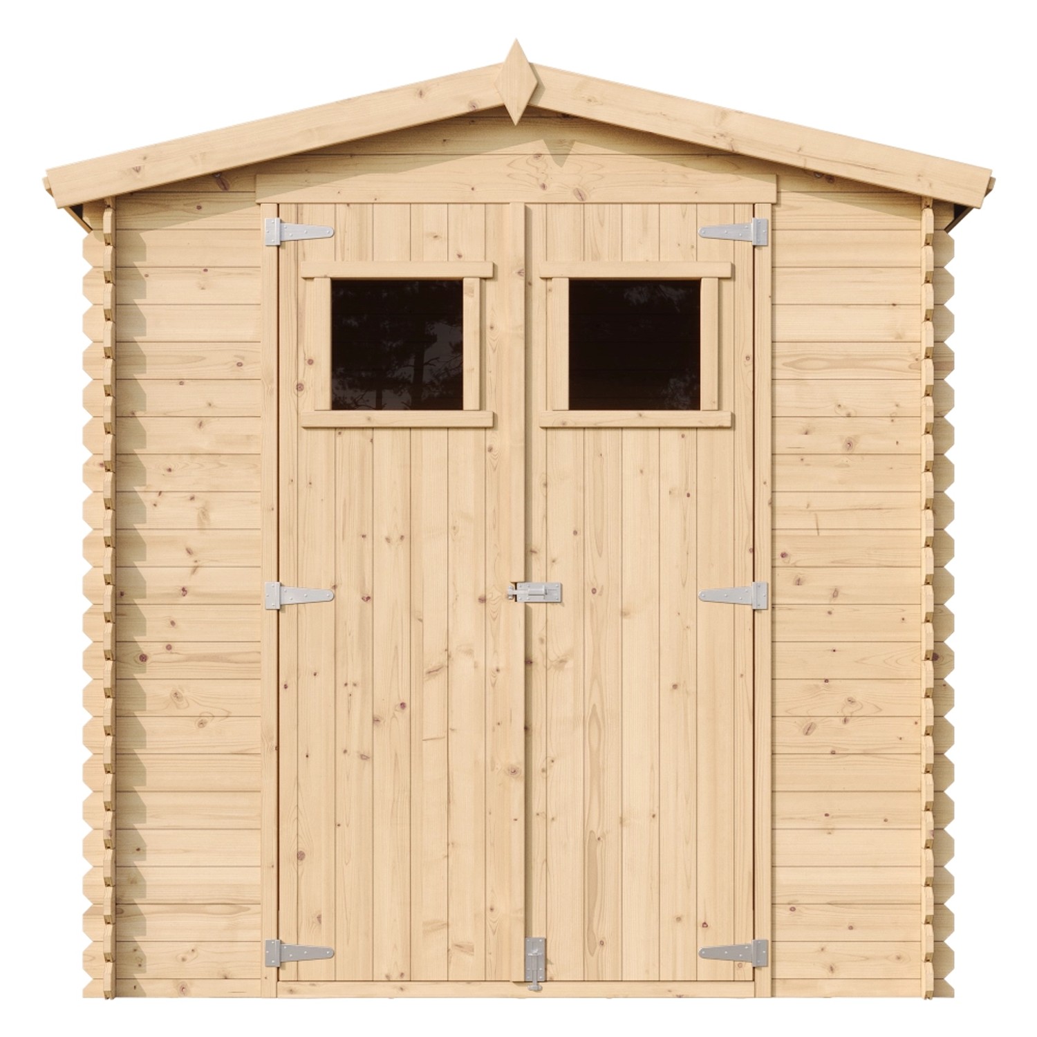 Timbela Holz-Gartenhaus M343, beige-braun, mit Doppeltür und zwei Fenstern.