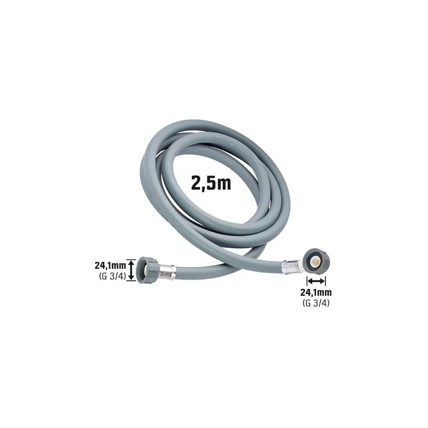 Grauer 2,5 m Zulaufschlauch für Waschmaschine/Spülmaschine mit 24,1 mm (G 3/4) Verschraubung.
