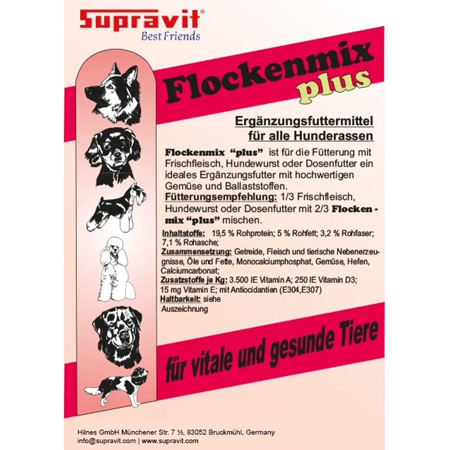 Verpackung von Supravit Flockenmix Plus Hundefutter mit Gemüse. Zeigt Illustrationen verschiedener Hunderassen. Ergänzungsfutter.