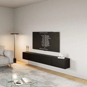 Modernes Selsey TV-Hängeboard Framme 200 cm in Schwarz, wandmontiert im Wohnzimmer. Grifflose Fronten für minimalistisches Design.