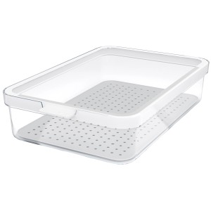 Weißer Rotho Kühlschrankorganizer Cauma 2,6 l mit Deckel und Abtropfeinsatz.