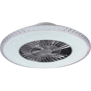 Chromfarbene LED-Deckenleuchte Harstad mit integriertem Ventilator und Kristallrand.