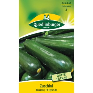 Samenpackung Quedlinburger Zucchini 'Tristan', dunkelgrüne, längliche Früchte.