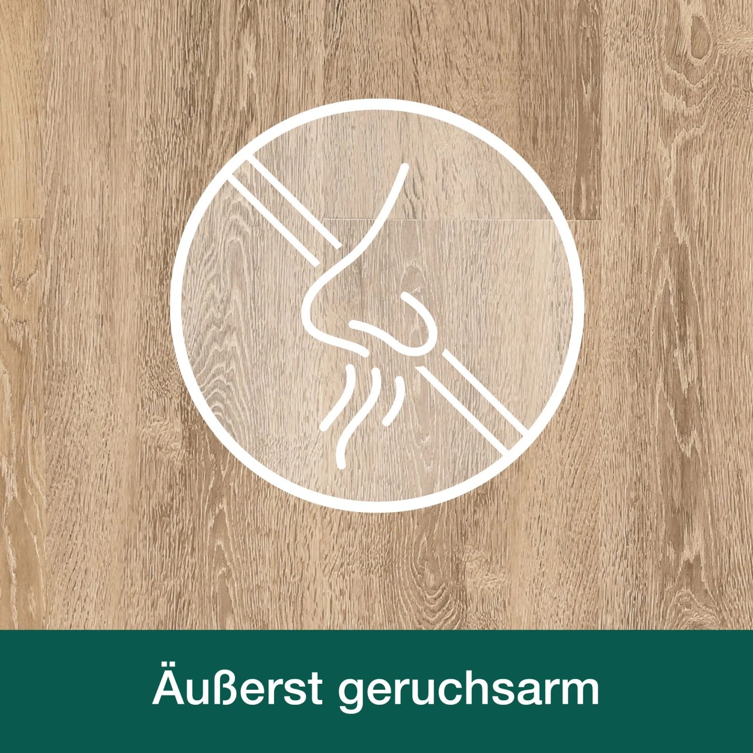 Symbol für geruchsneutrales Bona Home Parkettwachs auf Holzoberfläche.