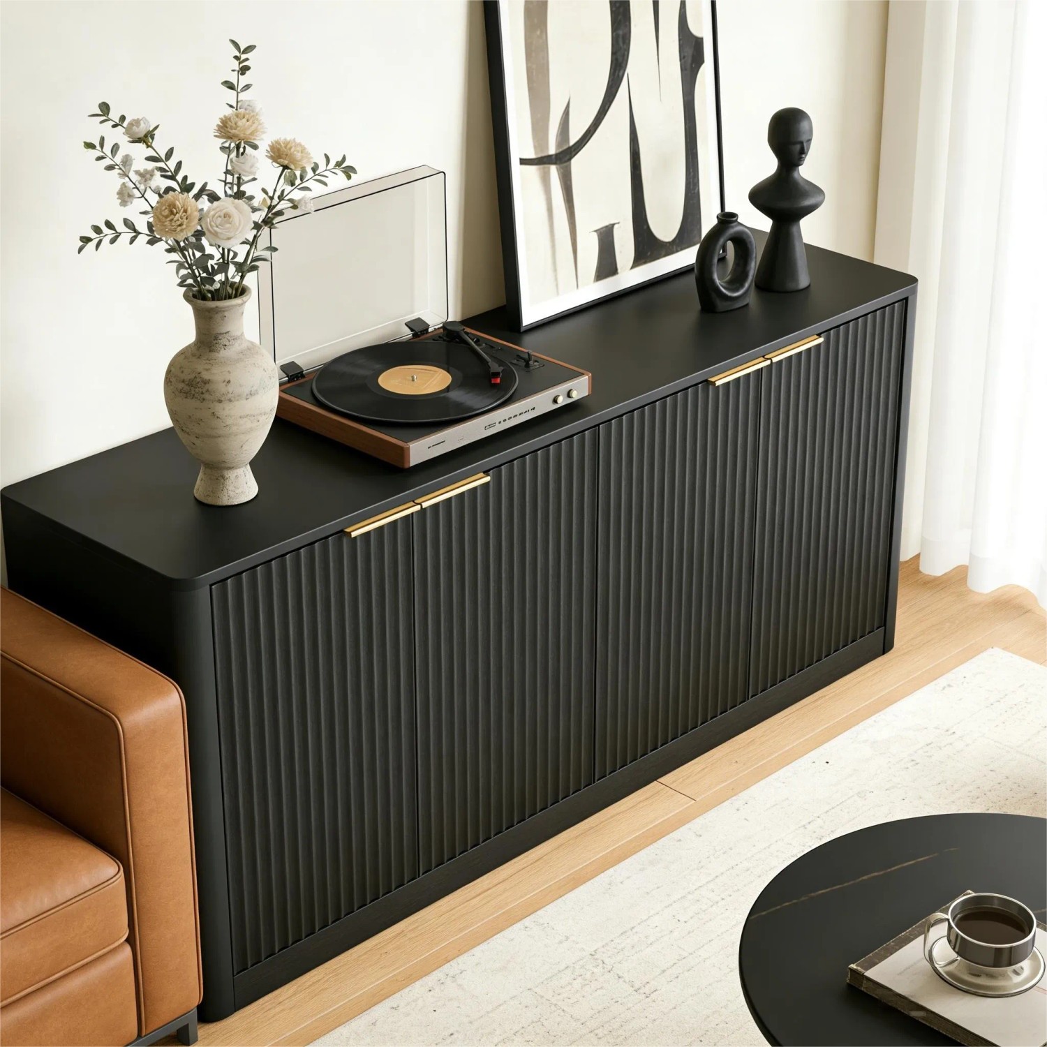 okwish Sideboard mit Wellenform Aufbewahrung Wohnzimmer 150x40x70cm Schwarz_3