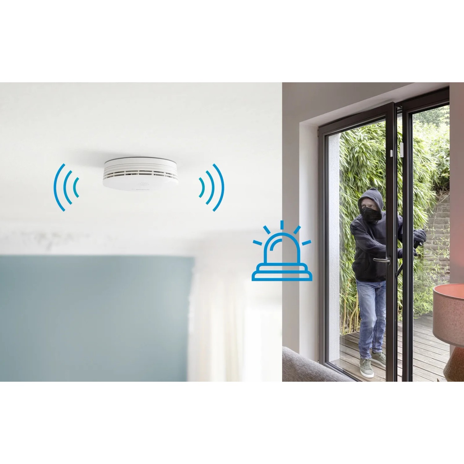 Bosch Smart Home Rauchwarnmelder II: Rauchmelder an der Decke, Einbrecher an der Tür.