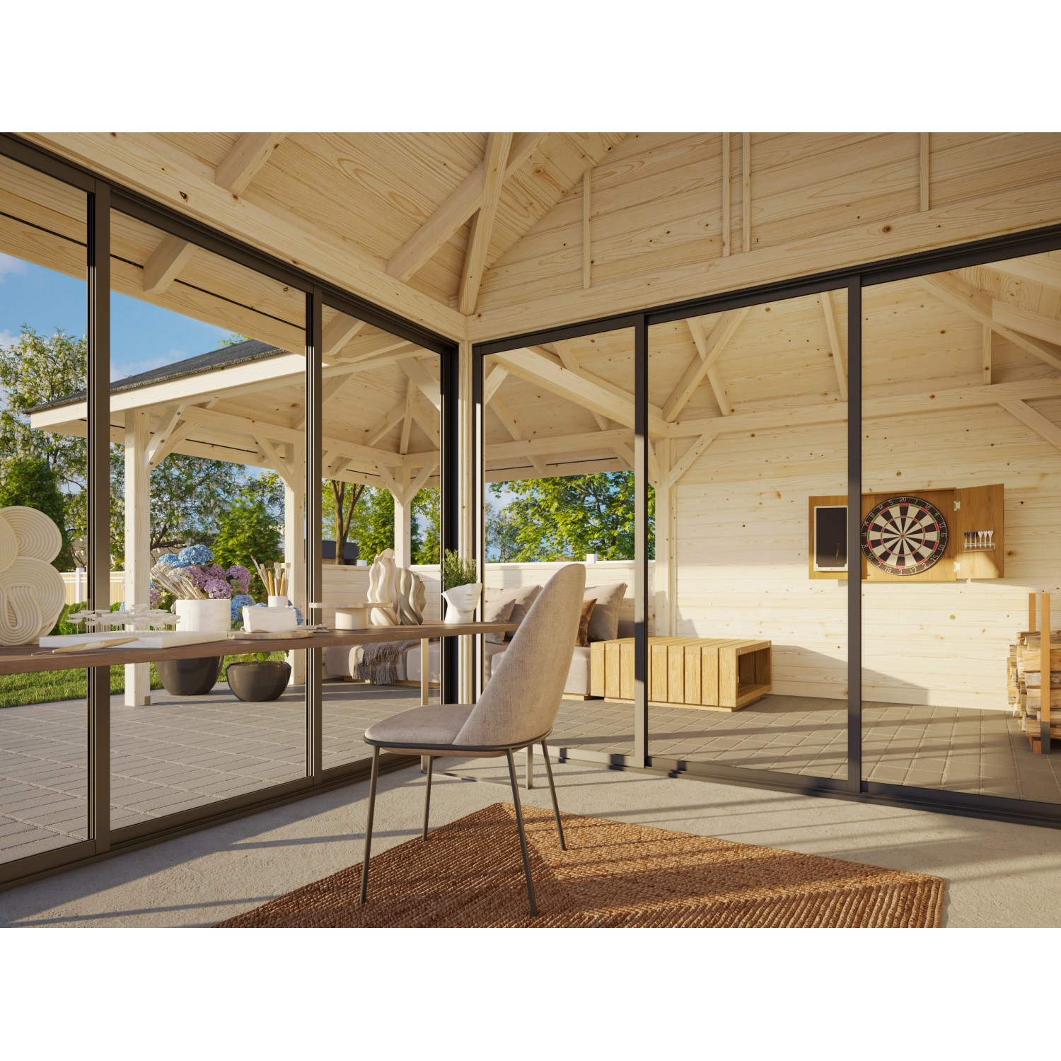 Palmako Pavillon Bianca Set 210 mit Schiebetüren, lackiert weiß, eingerichtet mit Tisch und Stuhl.