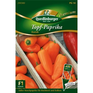 Saatgutpackung Quedlinburger Topf-Paprika Hamik mit orangefarbenen Paprika.