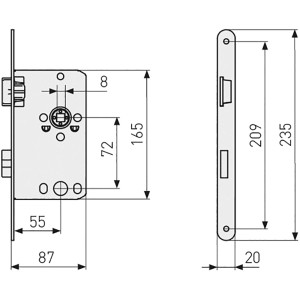Technische Zeichnung Abus Innentür-Einsteckschloss Silber mit Maßen für Türtechnik.