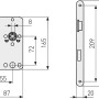 Technische Zeichnung Abus Innentür-Einsteckschloss Silber mit Maßen für Türtechnik.