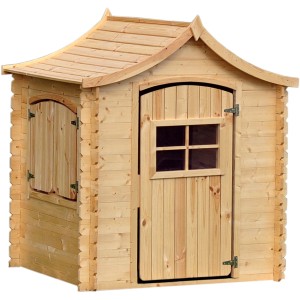 Timbela Kinderspielhaus M550-1 im japanischen Stil, aus naturbelassenem Holz mit Fenster und Tür.