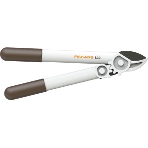 Fiskars Amboss-Getriebeastschere L32 Light, Gartenschere mit braunen Griffen und weißem Scherenkopf.