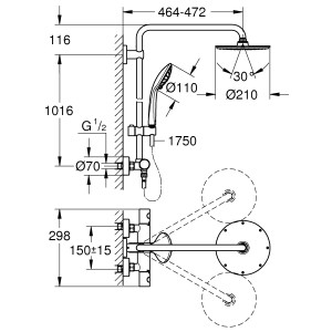 Technische Zeichnung Grohe Euphoria System XXL 210 Duschsystem mit Thermostatbatterie, Maße in mm.