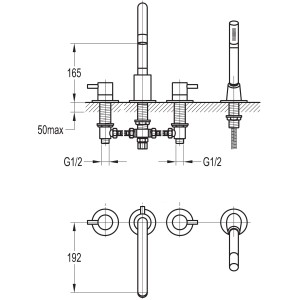 Technische Zeichnung: 4-Loch-Wannenrandarmatur Q10000 mit Maßen und Anschlüssen.