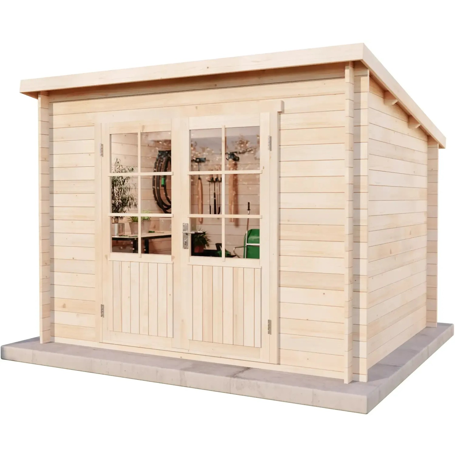 Alpholz Gartenhaus Maria-28 aus Holz, naturbelassen, mit Doppeltür und Pultdach.