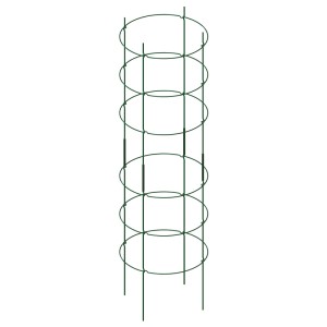Dunkelgrünes, zylindrisches Rankgitter aus Metall, als Staudenstütze und Spalier für Pflanzen. Modulare Rankhilfe.
