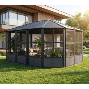 Sojag Pavillon Charleston 384x489 cm mit Stahl-Dach und Moskitonetzen im Garten.