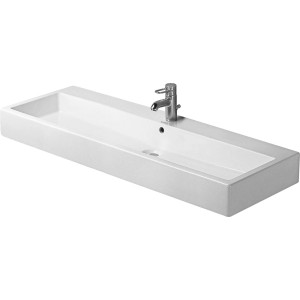 Weißes Duravit Einbauwaschbecken Vero, 120 cm, mit zwei Hahnlöchern und WonderGliss Beschichtung.