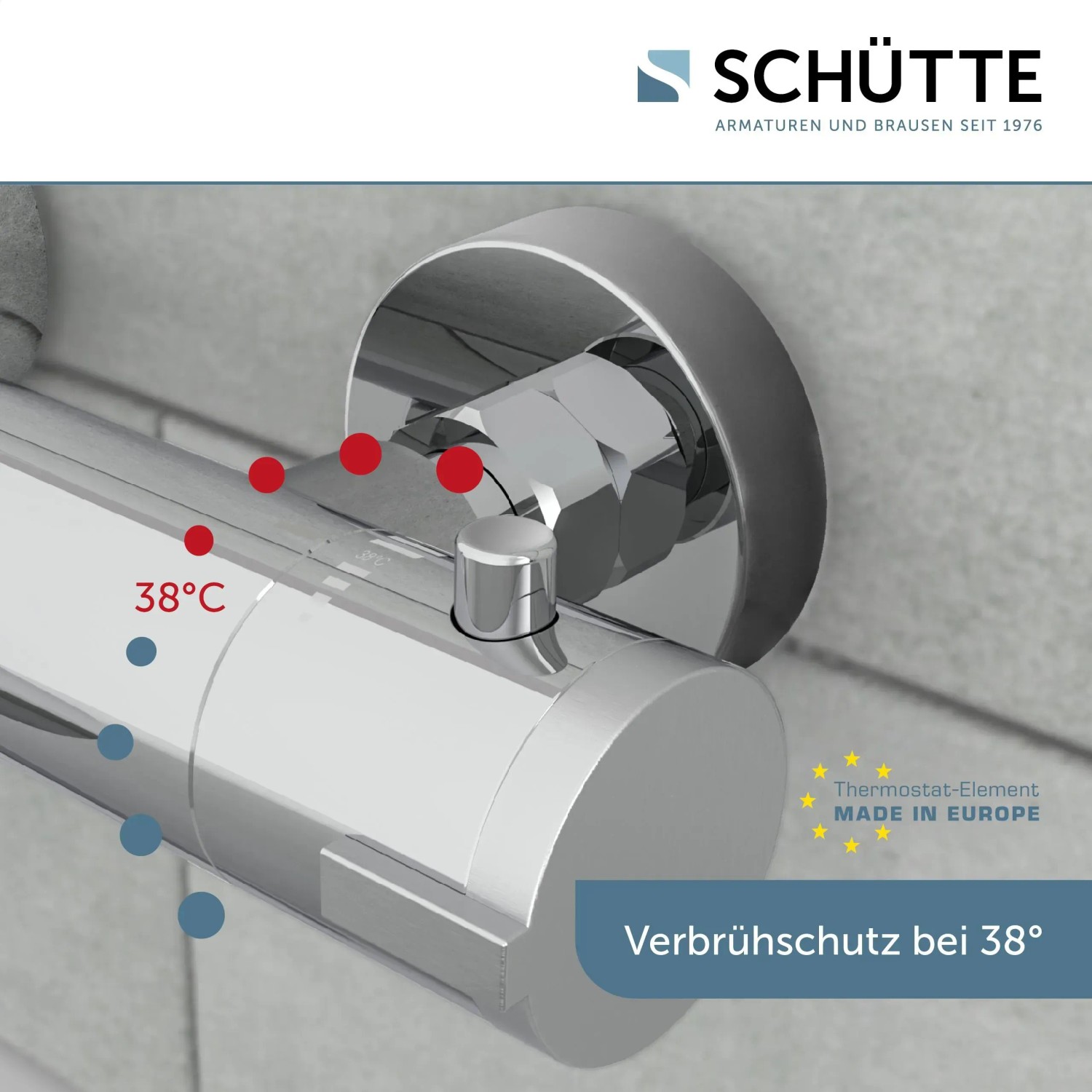 Schütte Thermostat Wannenarmatur London Chrom, Detailaufnahme mit Verbrühschutz bei 38°.