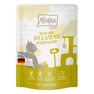 Mjamjam Katzen-Nassfutter Quetschie Duo Ente & Pute mit Kürbis, 300g Packung.