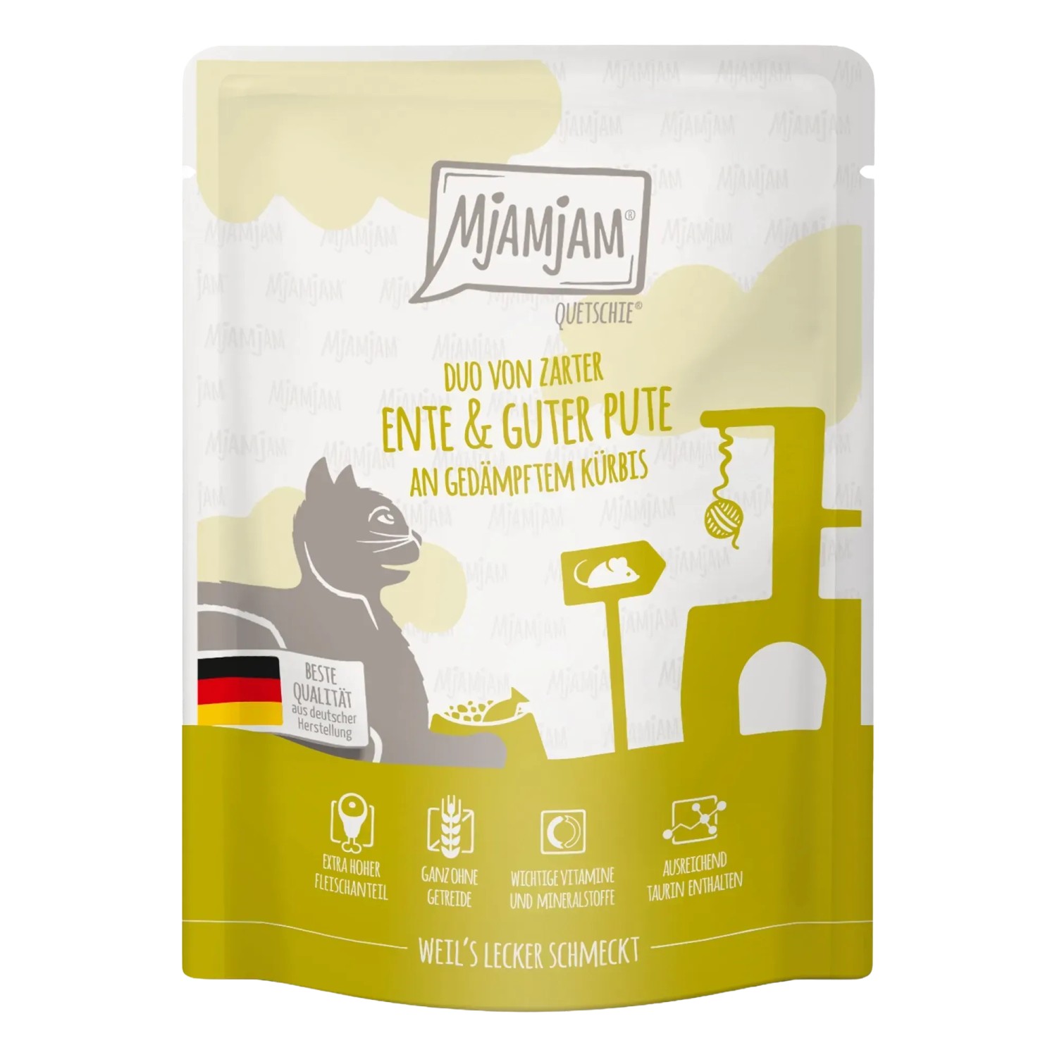 Mjamjam Katzen-Nassfutter Quetschie Duo Ente & Pute mit Kürbis, 300g Packung.