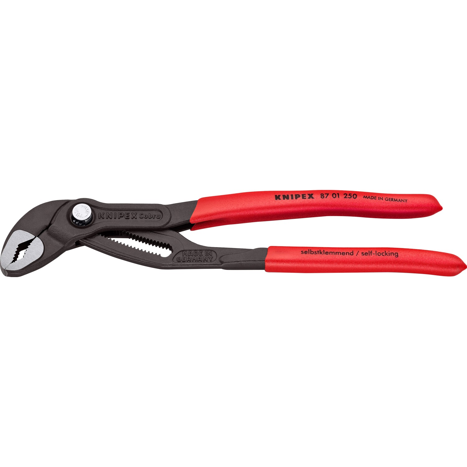 Knipex Cobra Rohrzange 250 mm, grau atramentiert, mit roten Griffen und verstellbarem Gelenk.