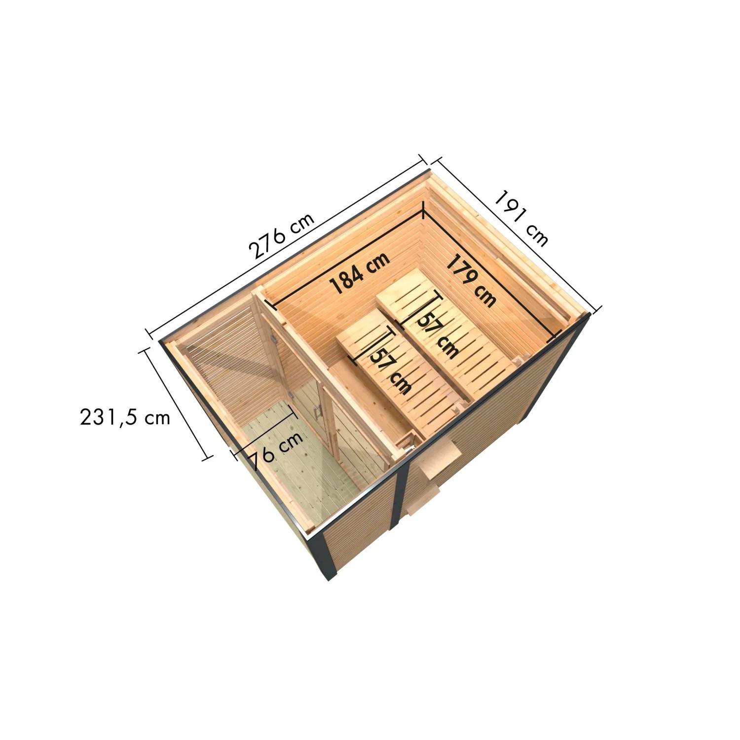 Karibu Saunahaus Seros 1: Draufsicht mit Maßen, naturbelassen/weiß, zwei Saunabänke.
