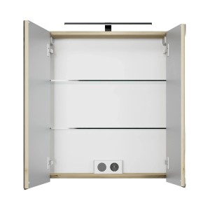 Offener Pelipal Spiegelschrank Quantum 07, Polar Pinie quer, 60 cm mit LED-Leuchte und Glasböden.