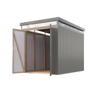 Karibu Metallgerätehaus Argos 2,5 in Graualuminium mit geöffneten Doppeltüren und Oberlicht.