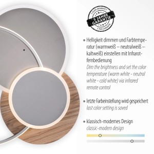 LED-Deckenleuchte Palma mit Holzdekor, 65x62,5 cm. Dimmbar, Lichtfarbe steuerbar.