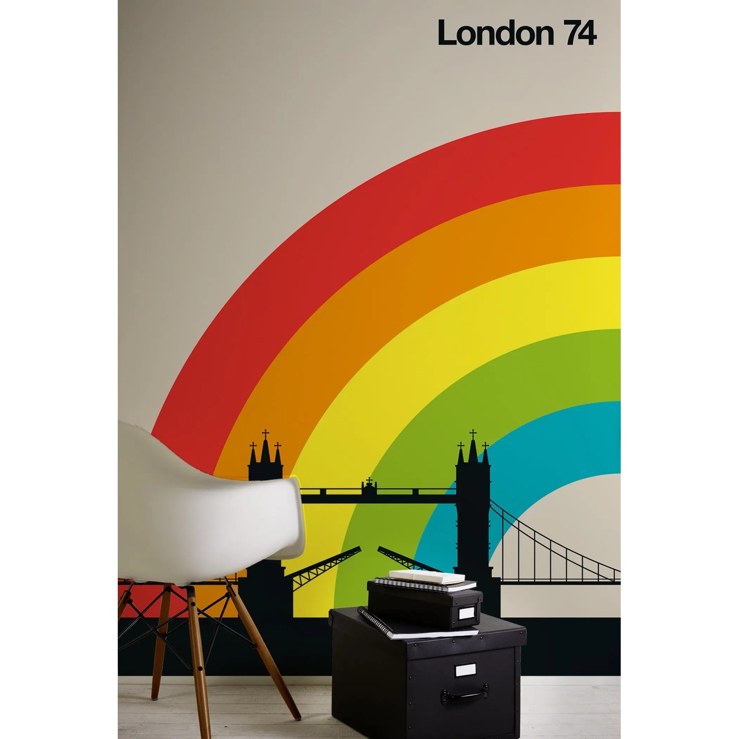 Bunte Fototapete London 74 mit Brücke und Regenbogen, 2,00x2,70m, FSC®-zertifiziert.