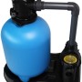 Sandfilteranlage für Stahlwandpool: Blaue Filteranlage mit Pumpe und schwarzer Basis.