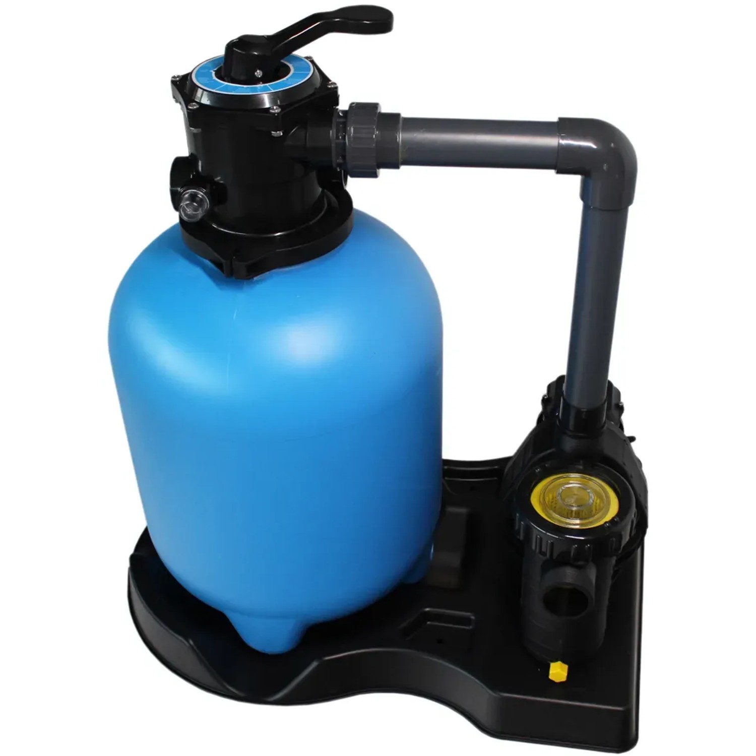 Sandfilteranlage für Stahlwandpool: Blaue Filteranlage mit Pumpe und schwarzer Basis.