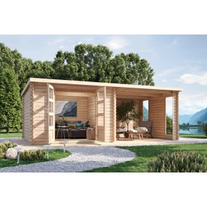 Karibu Gartenhaus Dortmund Set mit Anbaudach und Terrasse aus naturbelassenem Holz.