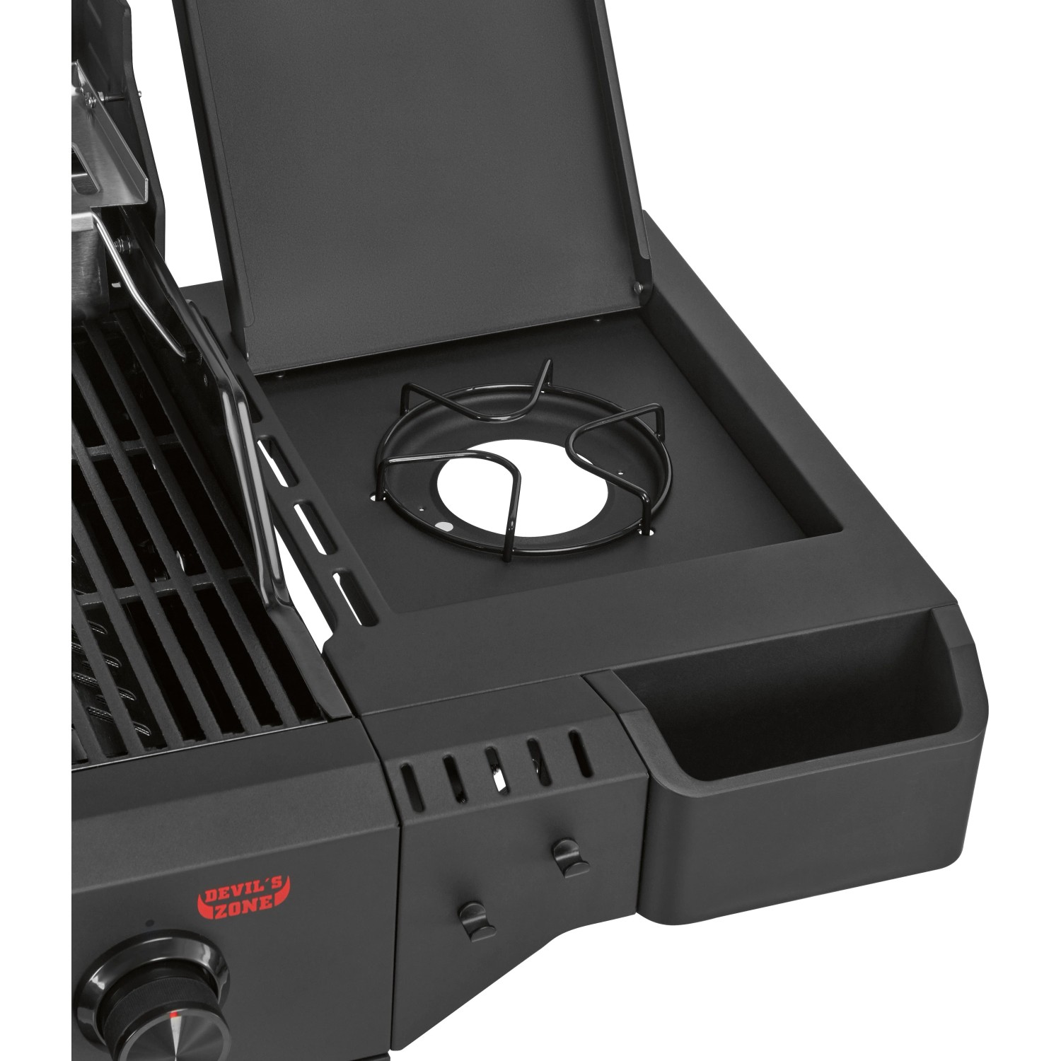 Detailansicht: Jamestown Gasgrill KNOX Master Class mit Seitenbrenner und Ablage.