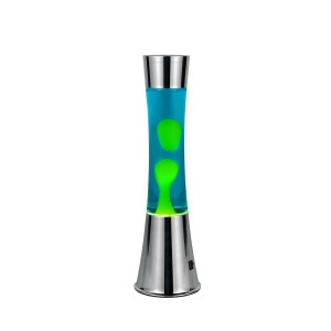 Gelbe Reality LED Lavaleuchte Etna, Design-Tischlampe mit blauem Fluid und silberfarbenem Fuß.
