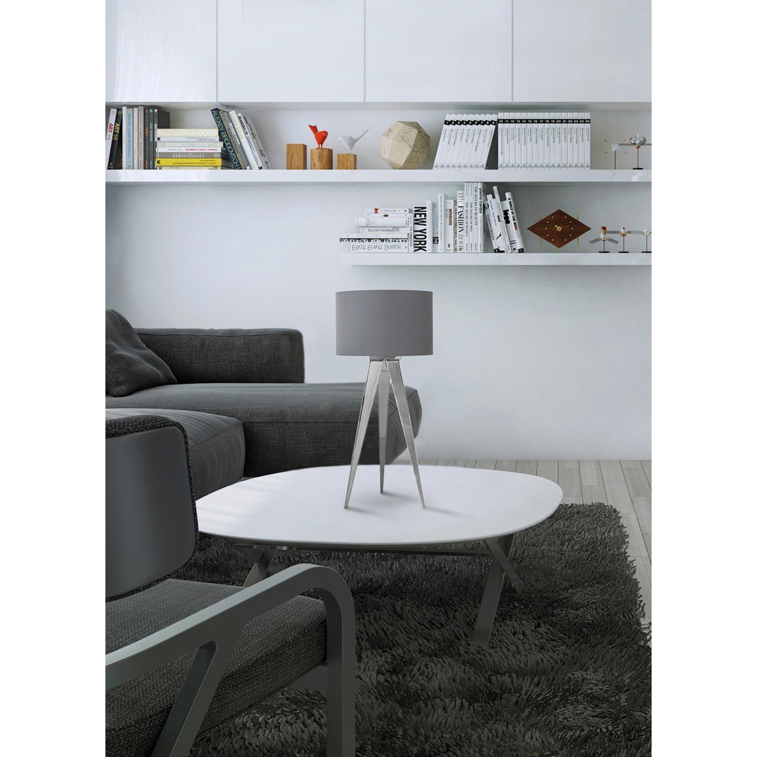 Graue Näve Tischleuchte im Tripod Design, 61,5 cm hoch, mit glänzendem Finish. Moderne Wohnraumleuchte.
