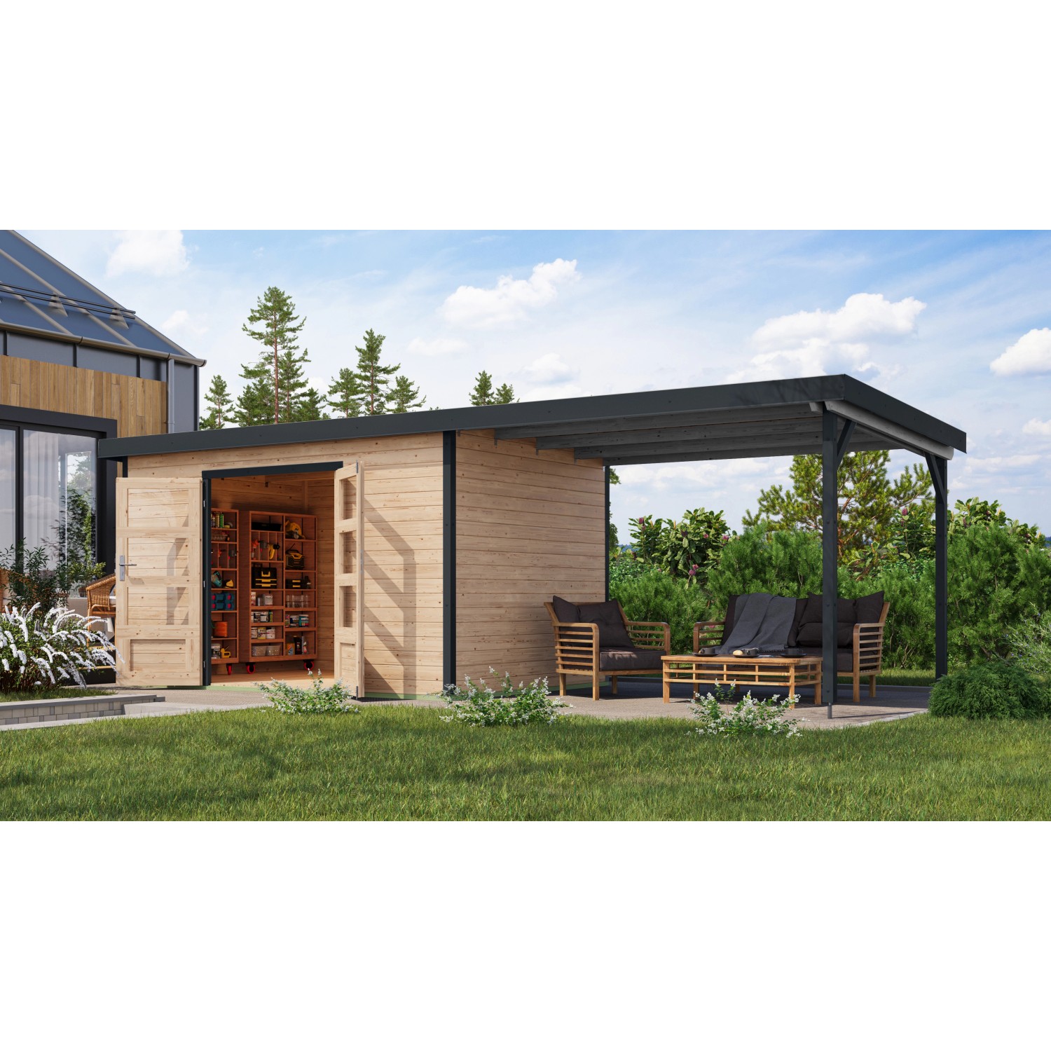 Karibu Gartenhaus Domingo 7 A mit Anbaudach, natur/anthrazit, 219x360x240 cm.