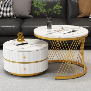okwish Couchtisch Set mit Marmoroptik Schubladen Nesting 60x60x46cm 50x50x31cm Goldfarben