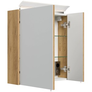 Posseik Spiegelschrank 60 cm Eiche Gold mit LED-Lampe und Glasböden, offene Ansicht.