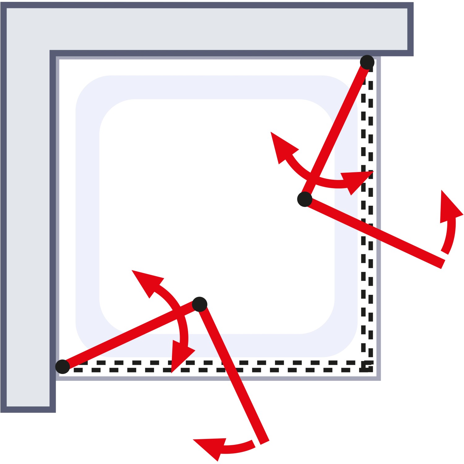 Eckeinstieg Duschkabine mit Drehfalttür, Chrom-Optik, 90x90 cm, öffnet nach innen und außen.