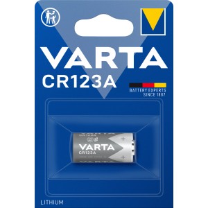 Varta Lithium Batterie CR123A im blauen Blister, geeignet für Smart-Home-Geräte, Kameras und Taschenlampen.