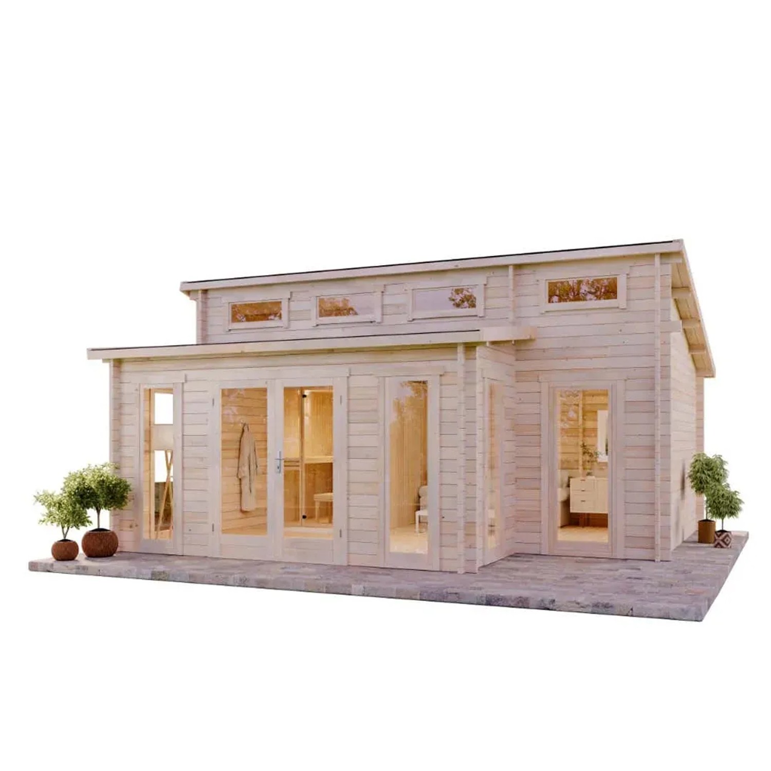 Finntherm Gartensauna Lausitz Prima aus Pinienholz, 590x540cm, mit Pultdach und Fenster.