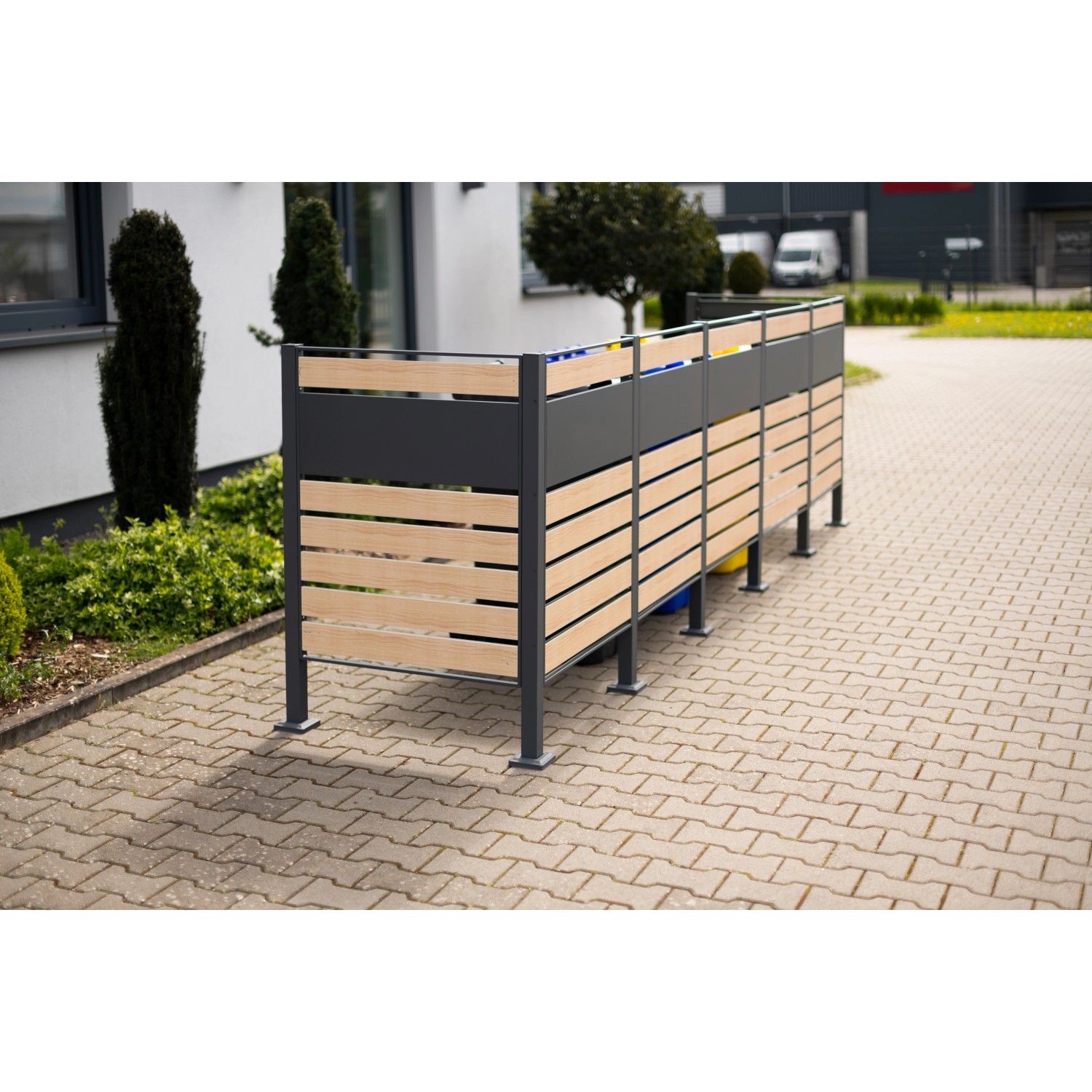 Westmann Mülltonnenverkleidung Planum für 5 Tonnen à 240 l in Holzoptik. Mülltonnenbox aus Metall.