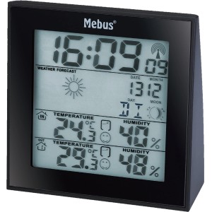 Mebus Funkwetterstation in Schwarz mit digitaler Anzeige von Temperatur, Luftfeuchtigkeit und Uhrzeit.